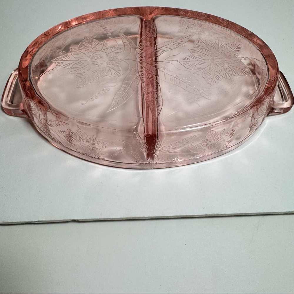 Jeannette Vintage Pink Depression Glass Divided Relish Dish Poinsettia Design 8” - Picture 10 of 16